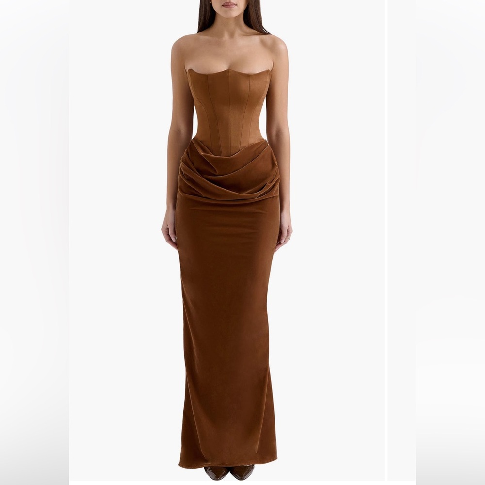 House of CB Strapless Persephone Corset Satin and Velvet Gown